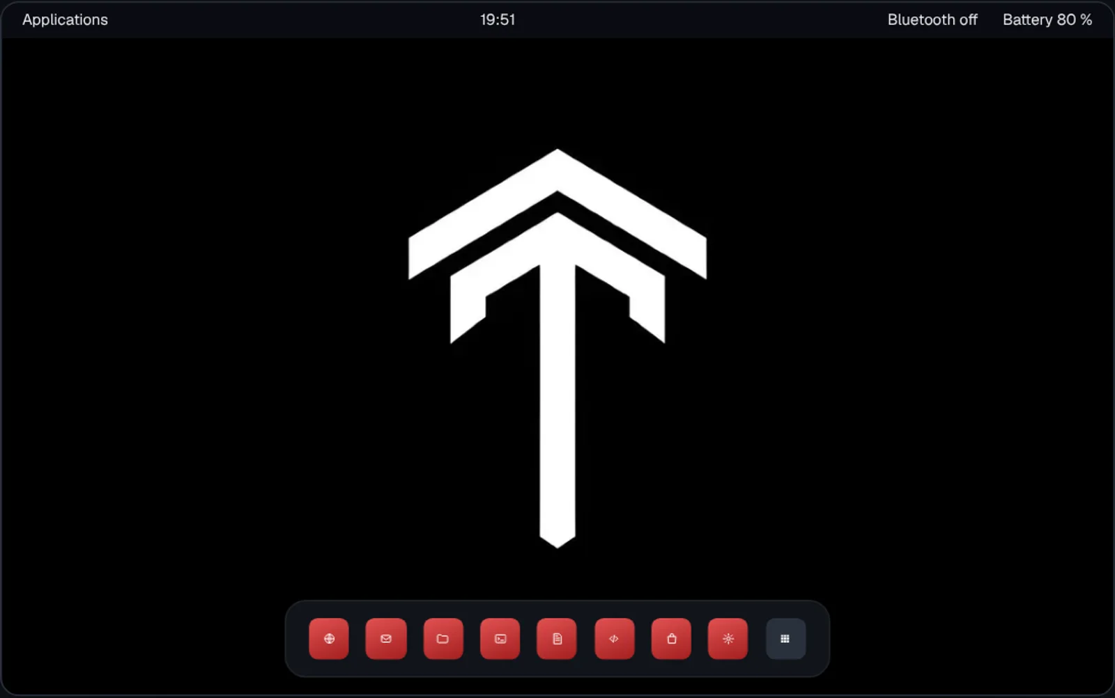 Illustration of the Arkyn OS desktop: a dark Sov desktop with a red accent, the panel and the dock